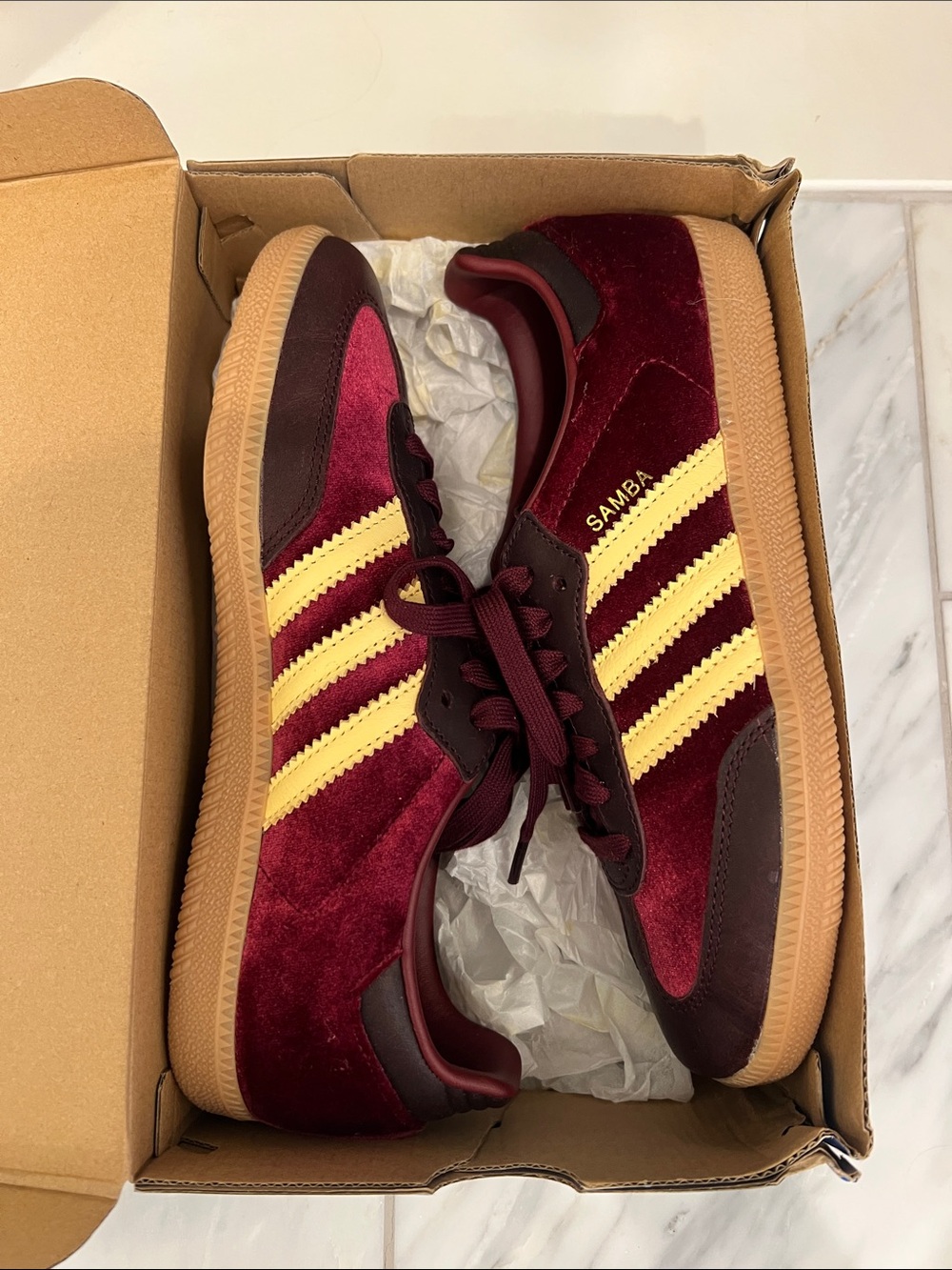 adidas Samba Velvet Maroon with Cream Stripe and Gum Sole